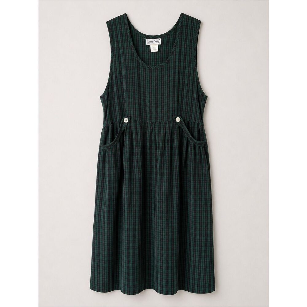 Lady Dorby Green Plaid Jumper Dress Size 22 Sleeveless Tie Waist Pockets Vintage